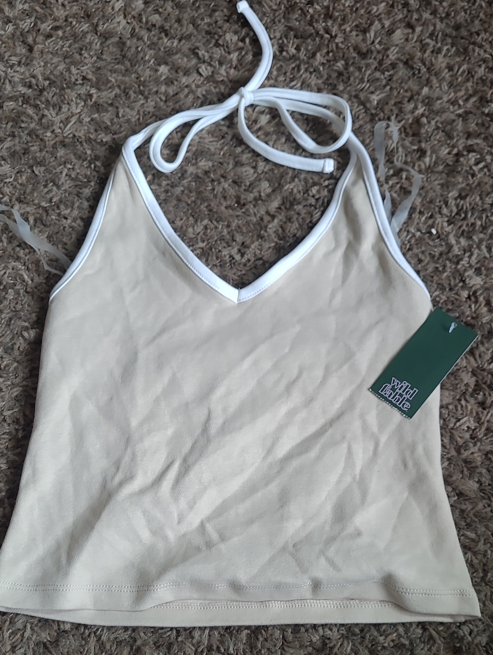 Cream V-Neck Halter Tank Top with White Trim